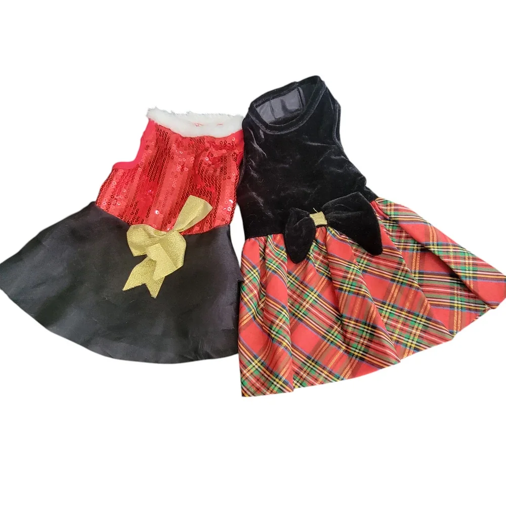 2 Christmas Holiday Party Dog Dress Red Black Sequin Velvet Bows Size Small
